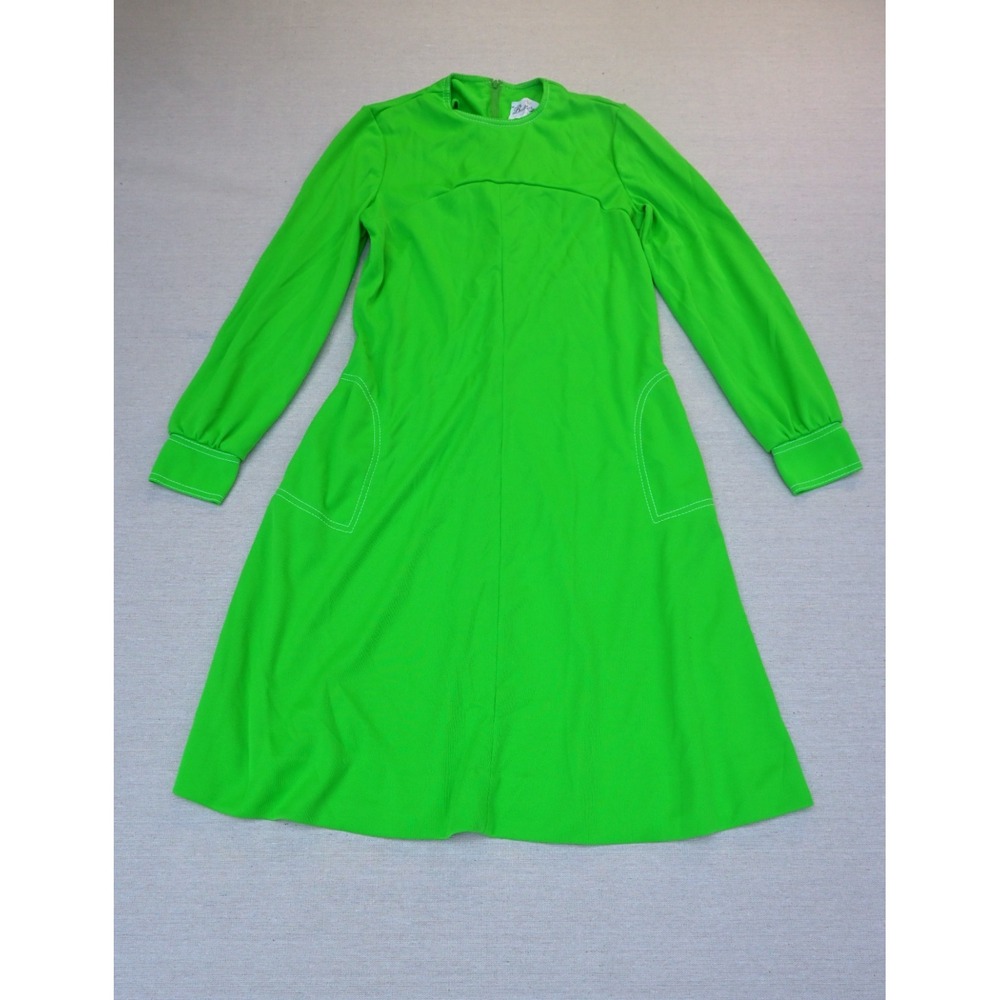 Vintage Butte Knit Womens Green Long Sleeve Day Dress A Line Zip Back Bold